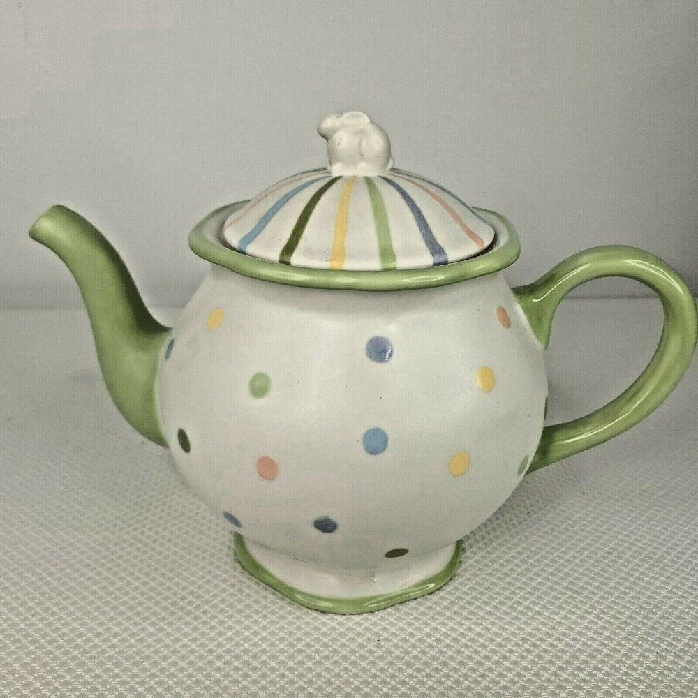 Demdaco Green White Polka Dot Teapot Bunny